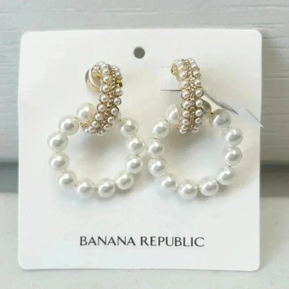 Banana Republic Pearl Drop Double Hoop Earrings Gold Tone & White NWT - Picture 3 of 11
